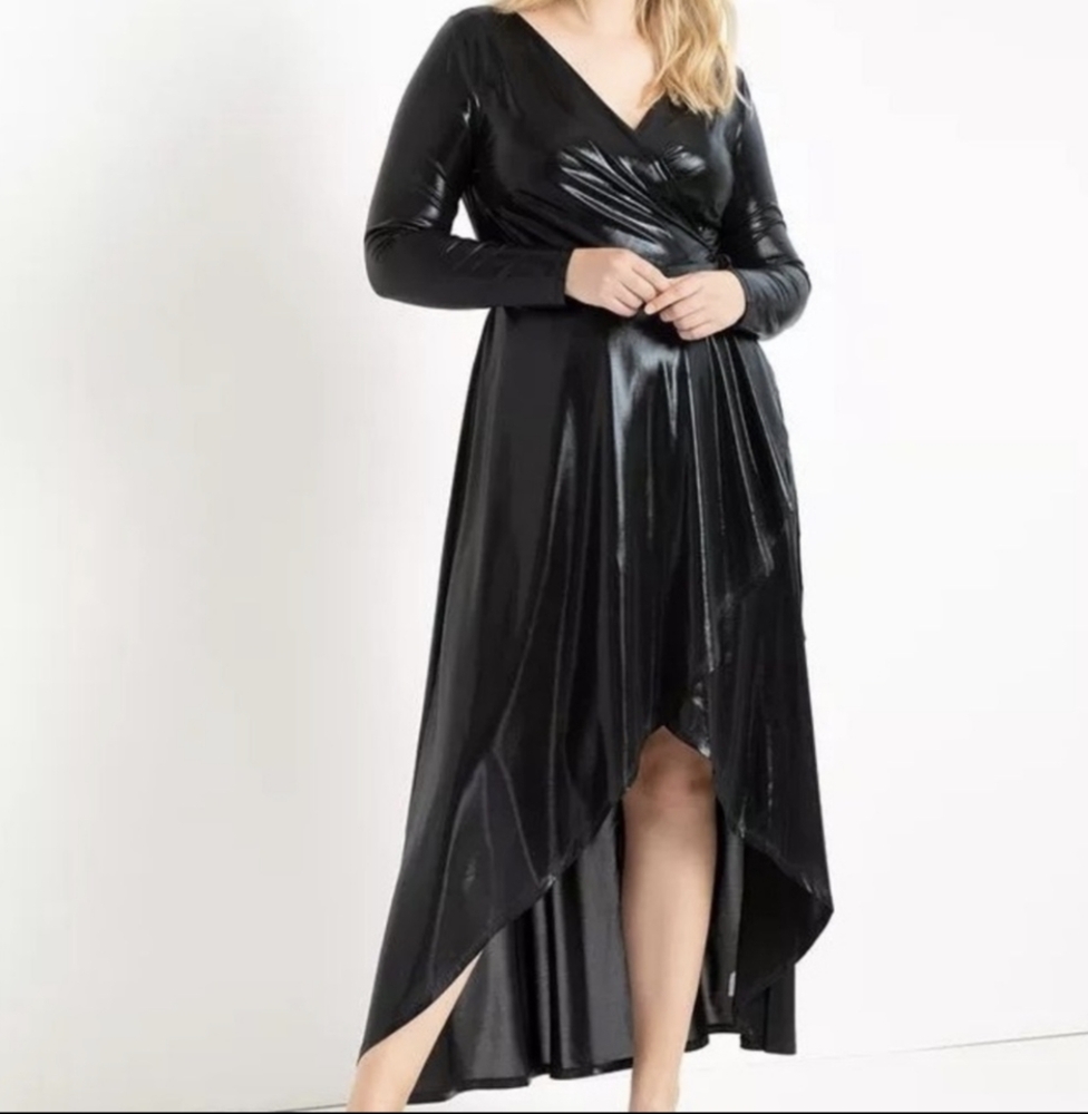 Eloquii Shiny Black Wrap Dress, Sz 16, NWT